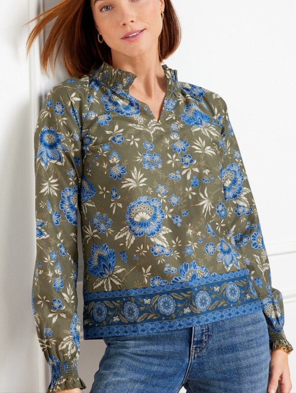 Talbots Olive Blouse with Blue Floral Print and Ruffle Neck